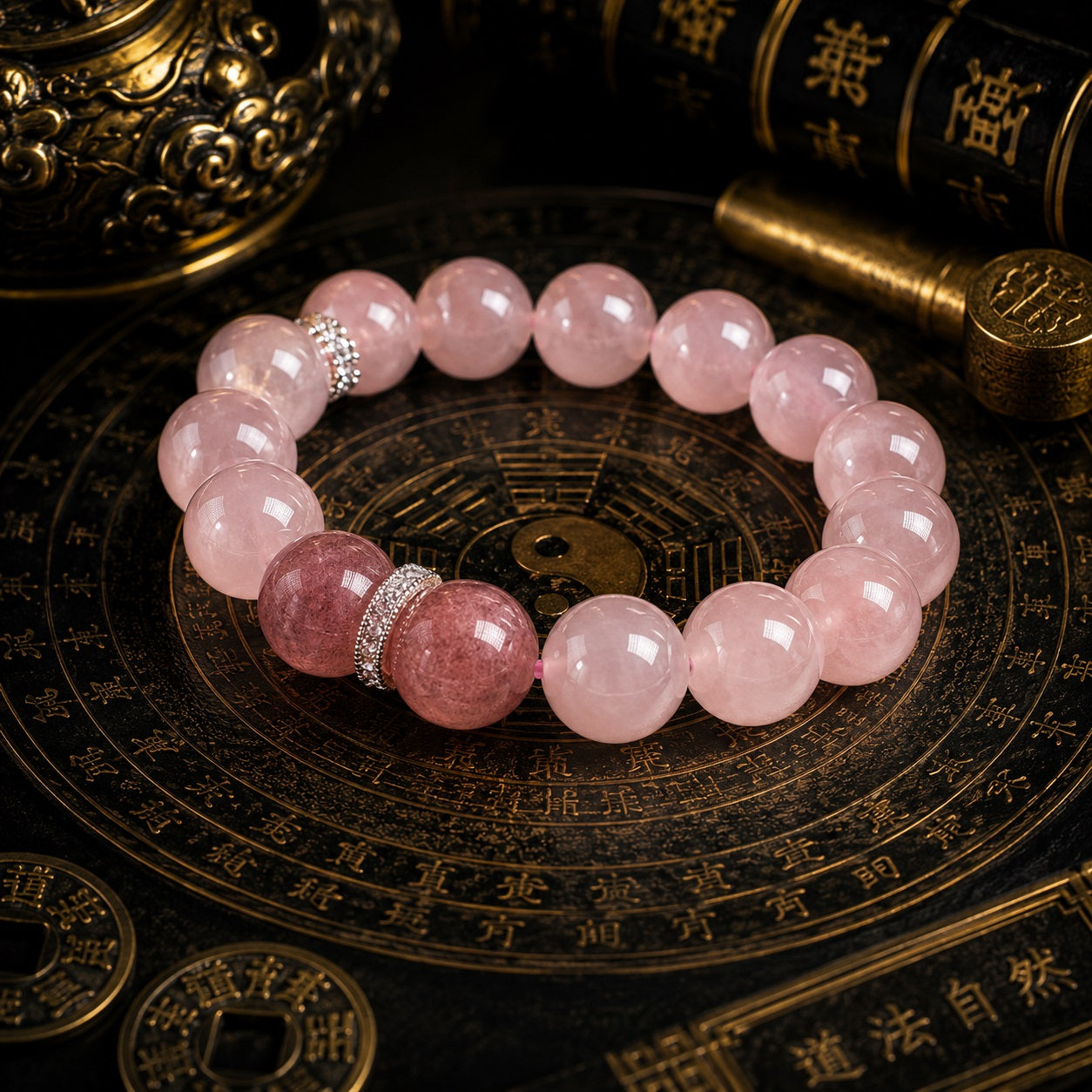 Rose quartz heart chakra bracelet with strawberry quartz focal bead silver spacers on Taoist bagua plate bronze background KaiGuang self-love manifestation