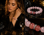 Rose quartz heart chakra bracelet strawberry quartz three angle collage woman wearing product overhead silver spacer bead detail dark background KaiGuang