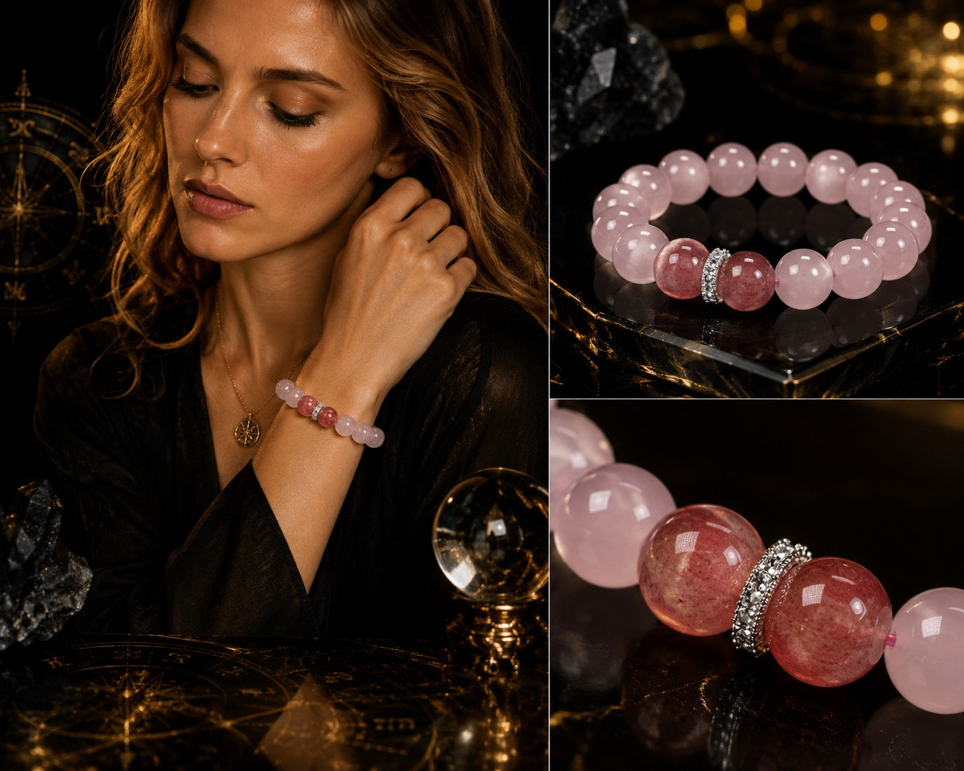 Rose quartz heart chakra bracelet strawberry quartz three angle collage woman wearing product overhead silver spacer bead detail dark background KaiGuang