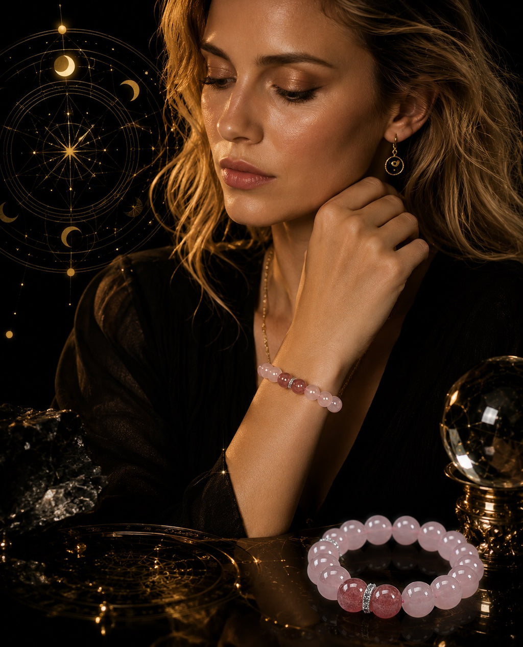 Woman wearing rose quartz heart chakra bracelet strawberry quartz silver spacers black mystical background celestial crystal ball KaiGuang self-love