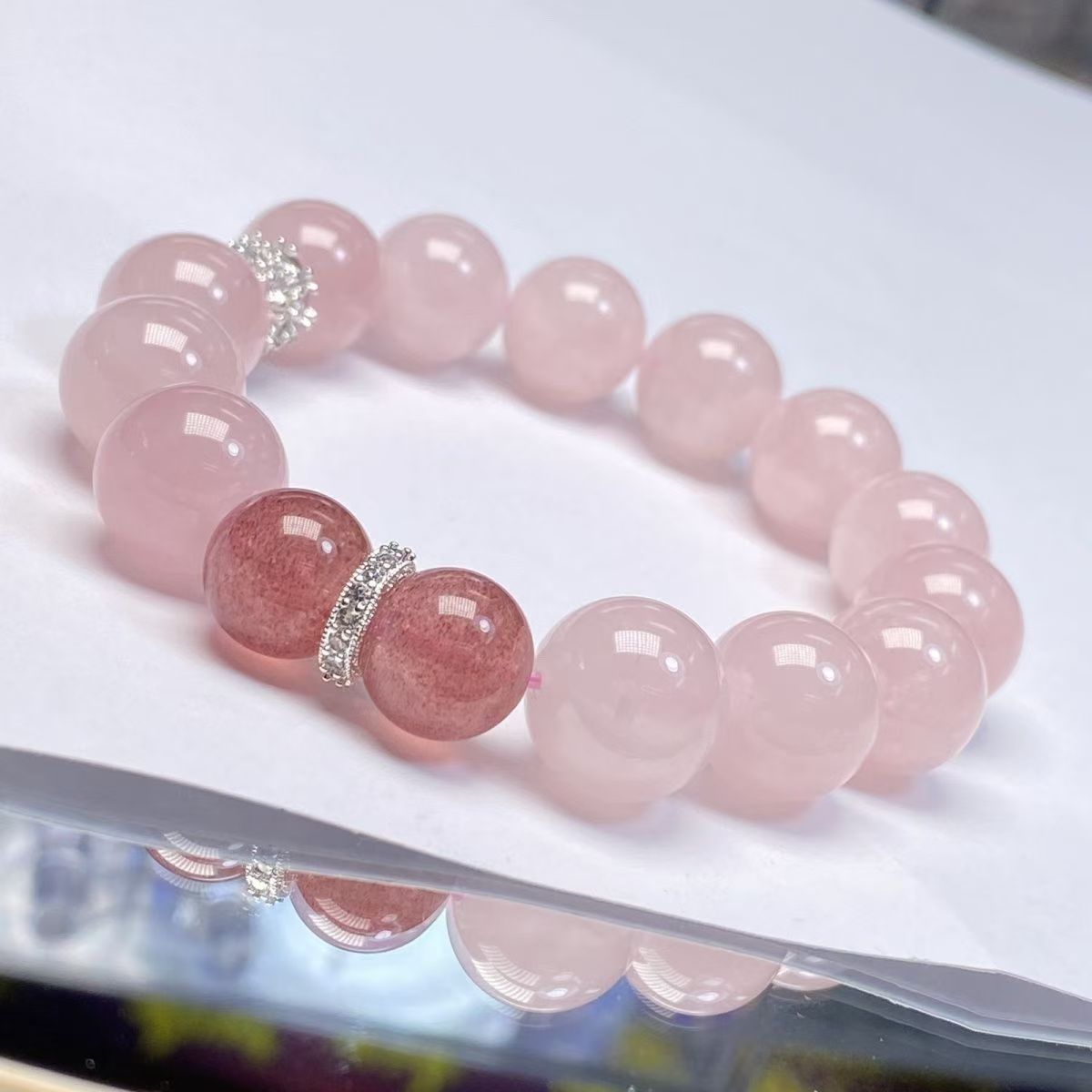 Premium Rose Quartz and Strawberry Quartz bracelet for manifesting love and romance.