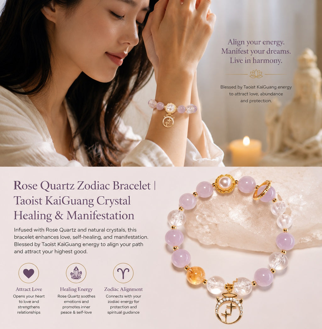 Woman meditating wearing rose quartz zodiac bracelet showing attract love healing energy and zodiac alignment benefits Taoist KaiGuang crystal healing manifestation spiritual jewelry