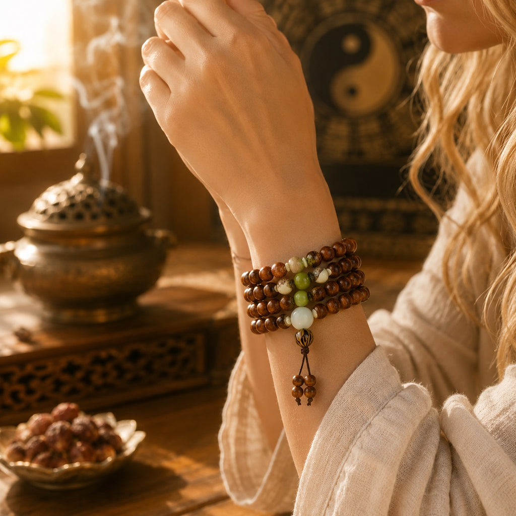 Woman wearing rosewood 108 bead meditation mala as triple wrap bracelet with green jade turquoise accents raised wrist beside bronze incense burner yin yang bagua background Taoist KaiGuang grounding bracelet