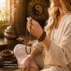 Woman in white sitting cross-legged holding rosewood 108 bead meditation mala necklace with jade accents yin yang bagua wall bronze incense burner warm light Taoist KaiGuang spiritual protection anxiety relief