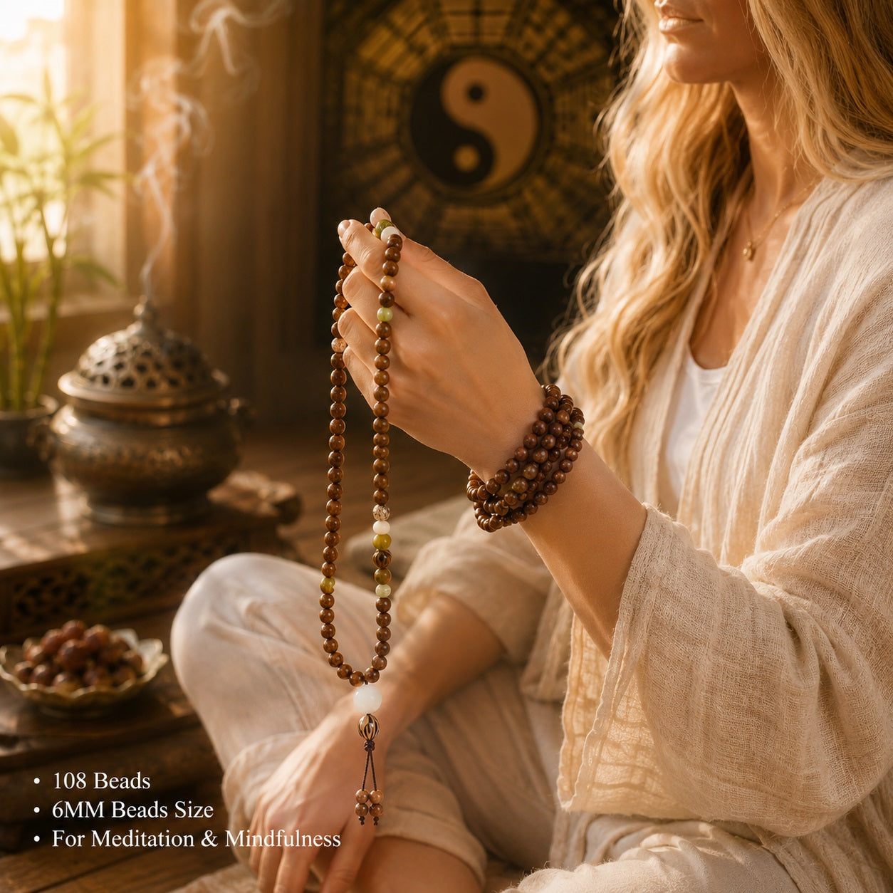 Woman in white sitting cross-legged holding rosewood 108 bead meditation mala necklace with jade accents yin yang bagua wall bronze incense burner warm light Taoist KaiGuang spiritual protection anxiety relief