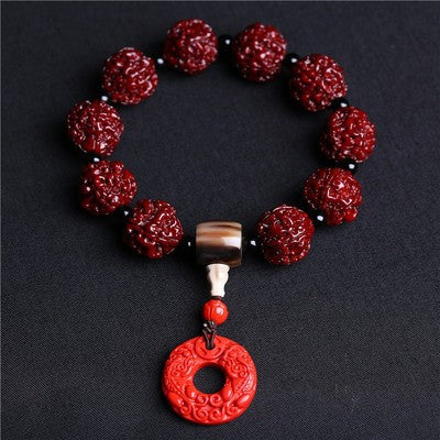 Nepal Rudraksha evil ward bracelet with tigers eye spacer and carved cinnabar peace clasp pendant Taoist KaiGuang protection spiritual bracelet