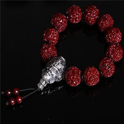 Nepal Rudraksha evil ward bracelet with silver Monkey King charm and red accent beads Taoist KaiGuang consecrated protection jewelry