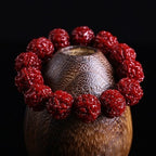 Deep red Nepal Rudraksha protection bracelet displayed on natural coconut shell showing full bead texture and rich patina
