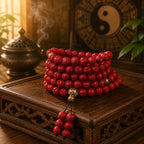 Sacred lotus carved cinnabar 108 bead mala coiled on dark carved wooden tray with yin yang bagua wall backdrop and incense smoke warm golden light spiritual protection tool