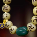 Macro detail of the ancient Taoist swastika symbol carved on warm bone beads, representing the eternal movement of the sun and life's cycle.