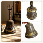 Brass Sanqing ritual bell shown from multiple angles with Bagua and Yin-Yang details