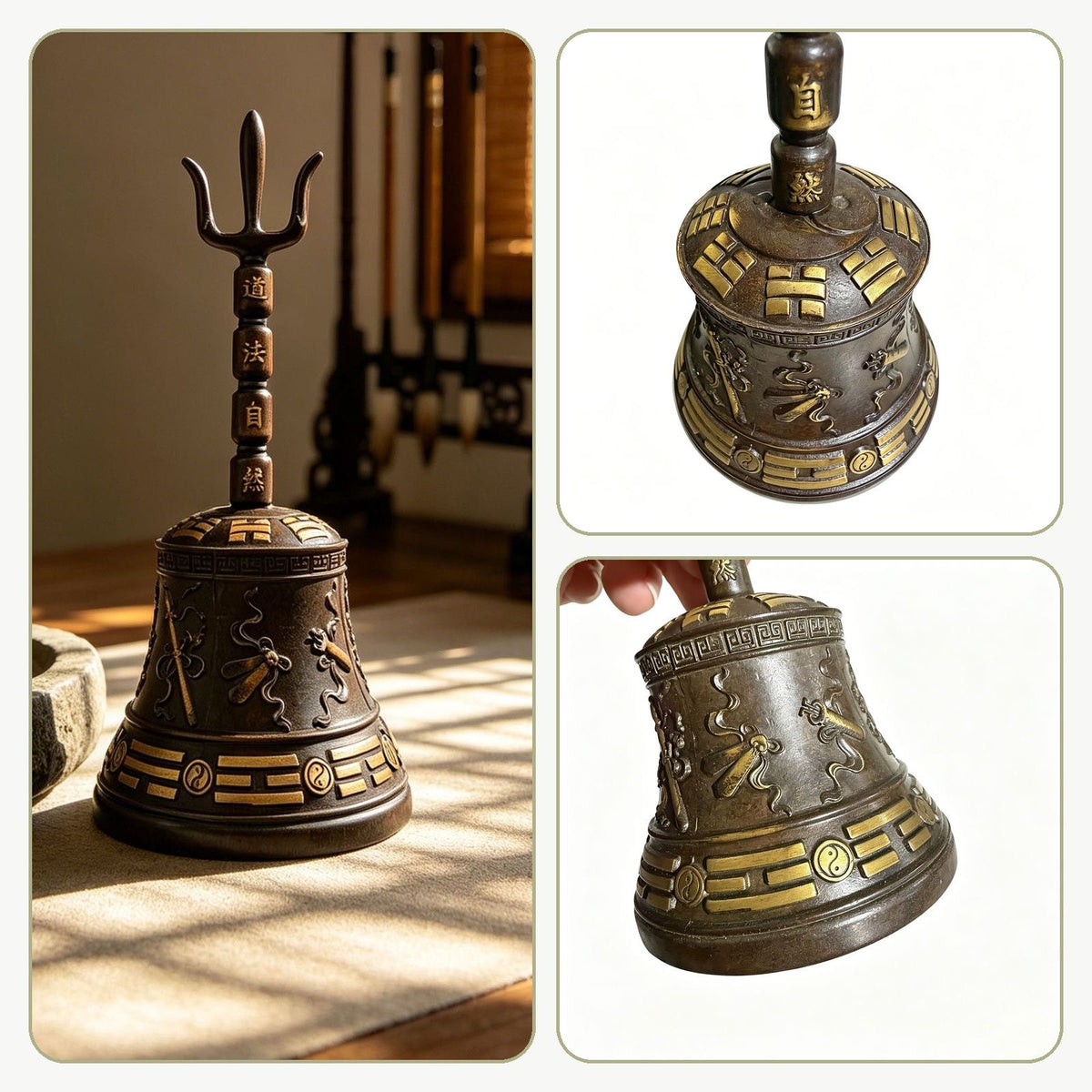 Brass Sanqing ritual bell shown from multiple angles with Bagua and Yin-Yang details