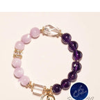 Scorpio zodiac rose quartz and amethyst crystal healing bracelet with clear quartz pillar spacer and gold constellation charm Taoist KaiGuang manifestation spiritual jewelry