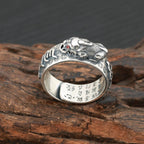 Silver Pixiu ring with red eye Taoist rune outer band and scripture inner engraving fortune protection talisman