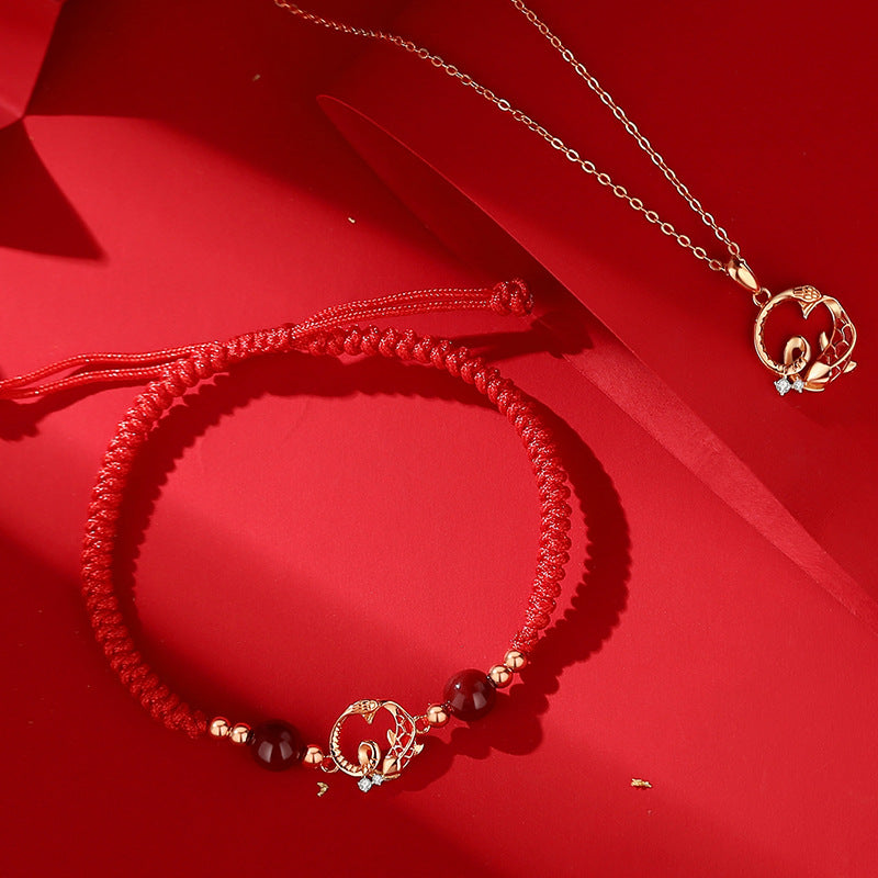 Snake Year Taoist KaiGuang Bracelet and Necklace Set Red Cord Golden Snake Zodiac Protection Gift