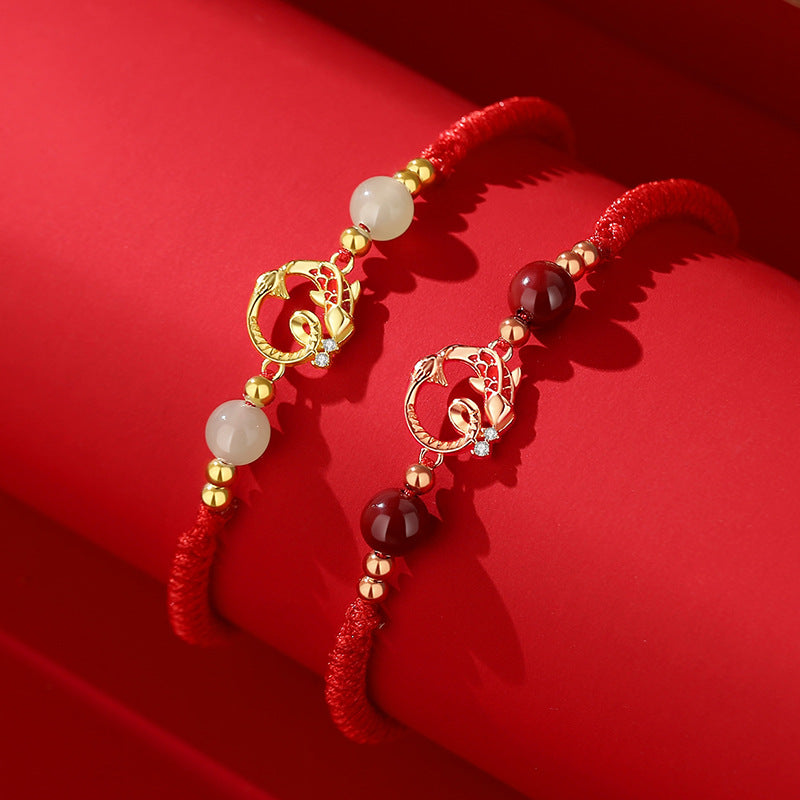Snake Year KaiGuang Bracelet Two Variants — White Jade and Red Agate with Golden Snake Pendant