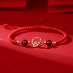 Snake Year Taoist KaiGuang Red Cord Bracelet with Golden Snake Charm and Black Agate Beads