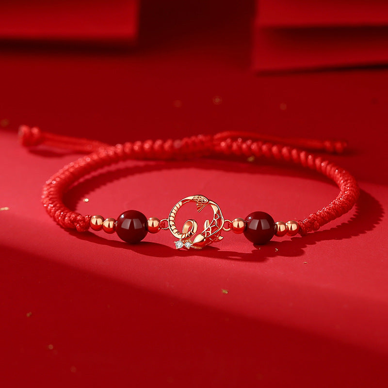  Snake Year Taoist KaiGuang Red Cord Bracelet with Golden Snake Charm and Black Agate Beads