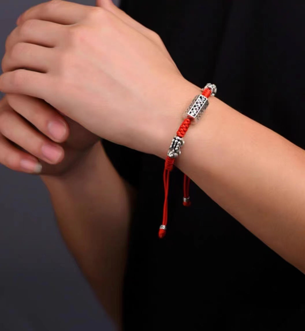 Taiji aura bracelet red braided cord worn on woman wrist Taoist KaiGuang blessing sterling silver Pixiu wealth guardian jewelry for women