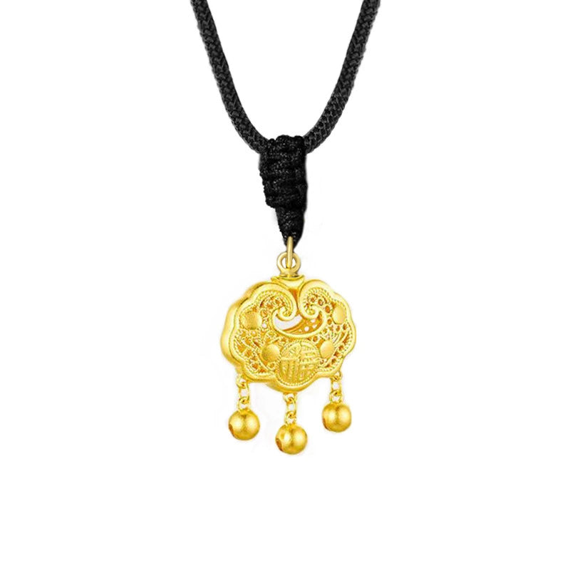 Taiji aura peace lock gold pendant on black braided cord necklace white background eastern guardian talisman Taoist KaiGuang blessing jewelry