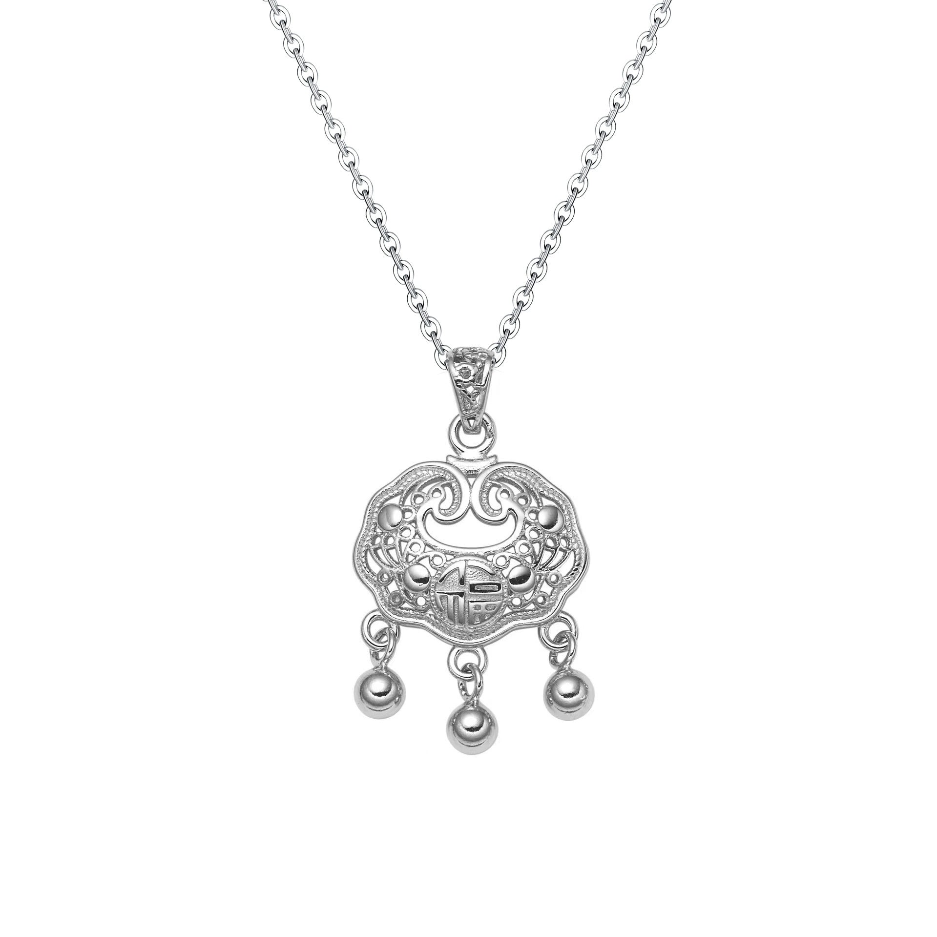 Taiji aura peace lock silver pendant on silver chain necklace white background Taoist KaiGuang protection fortune turning eastern talisman