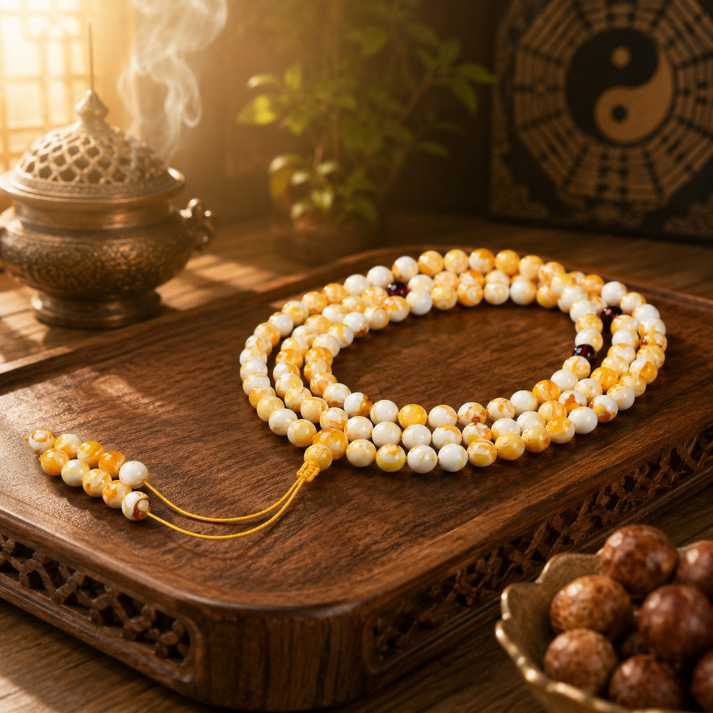 Authentic Taoist consecrated 108 bead mala laid flat on carved wooden tray warm golden light yin yang symbol background white flower beeswax spiritual protection prayer beads