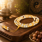 Authentic Taoist consecrated 108 bead mala laid flat on carved wooden tray warm golden light yin yang symbol background white flower beeswax spiritual protection prayer beads