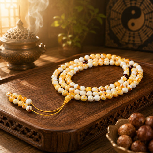 Authentic Taoist consecrated 108 bead mala laid flat on carved wooden tray warm golden light yin yang symbol background white flower beeswax spiritual protection prayer beads
