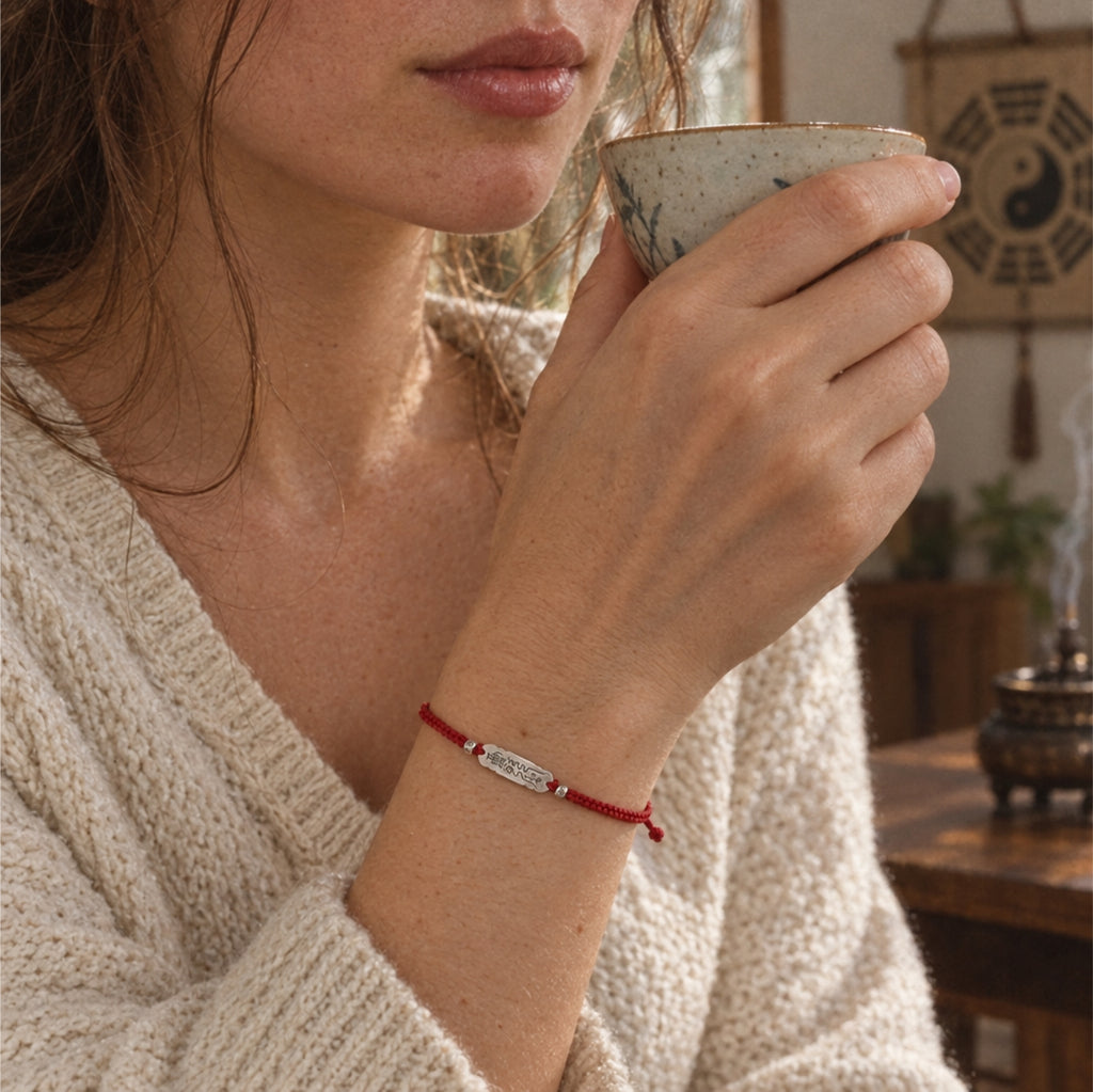 Woman sipping tea in a sunlit tea room, wearing the Taoist good luck bracelet on her wrist