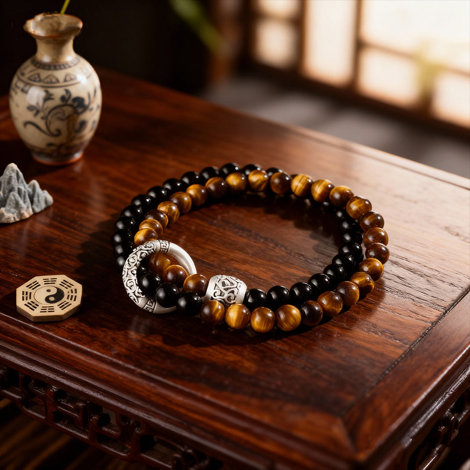 taoist kaiguang black obsidian tiger eye double layer bracelet detail view protection fortune bracelet