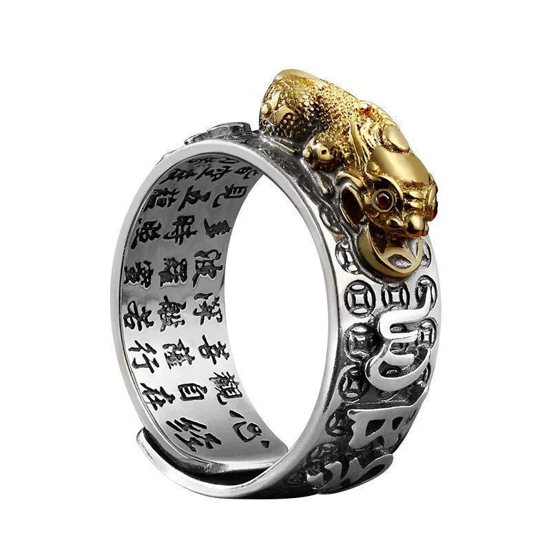 Taoist KaiGuang Pixiu wealth ring 925 silver with full inner scripture engraving and gold Pixiu on white background