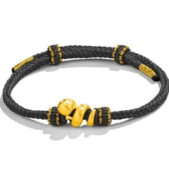 Taoist KaiGuang Snake Zodiac Black Cord Bracelet Gold Snake Charm Close Up Spiritual Protection