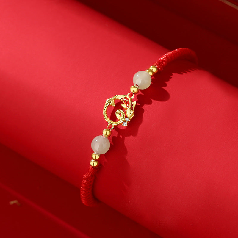 Taoist KaiGuang Snake Zodiac Bracelet White Jade Beads Golden Snake Charm Zodiac Protection Women