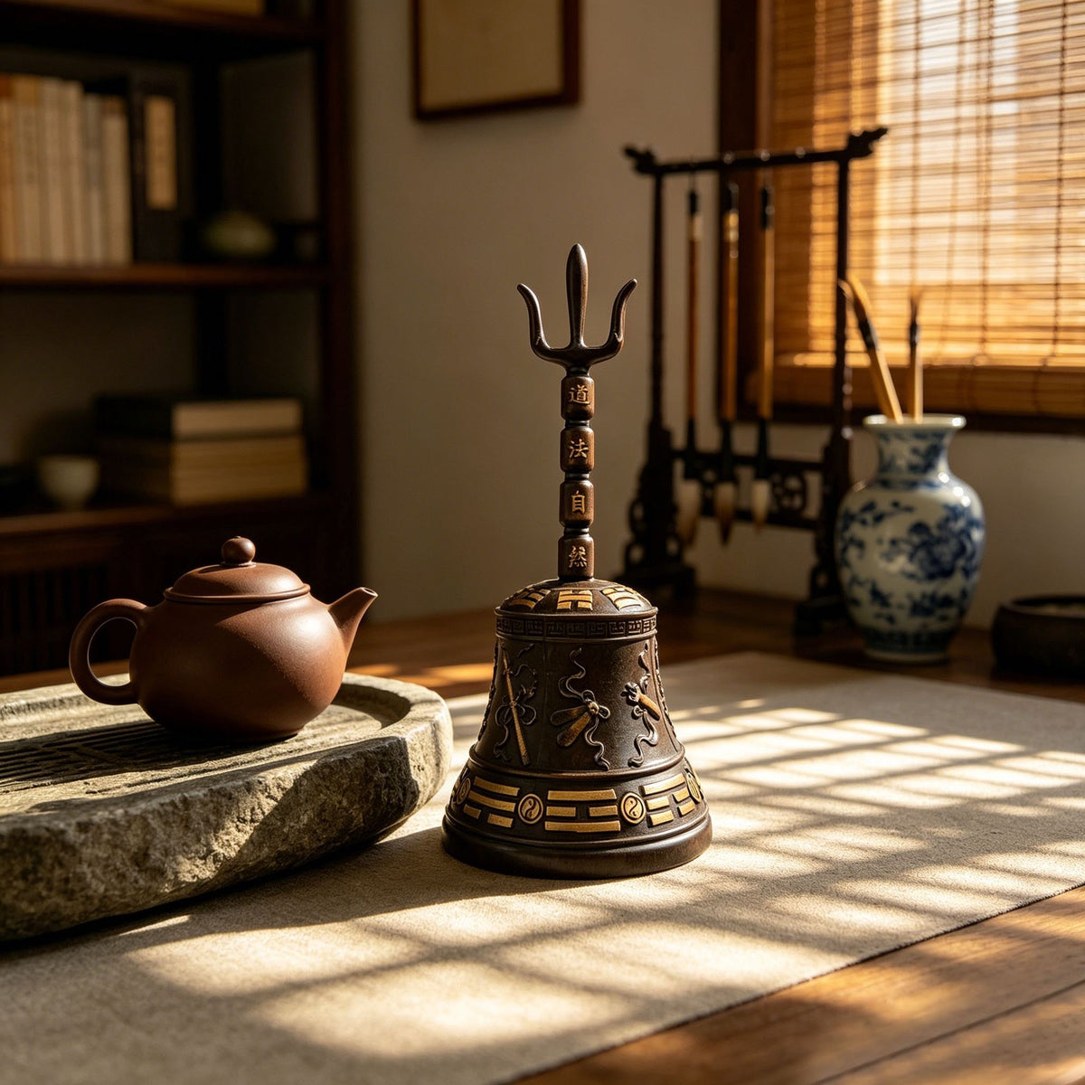 Taoist Sanqing Feng Shui bell on a wooden tea table to ward off evil and protect the home