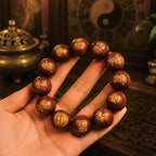 Gold-engraved Purple Star Emperor Matrix on thunderstruck jujube wood protection bracelet, Taoist yin-yang background