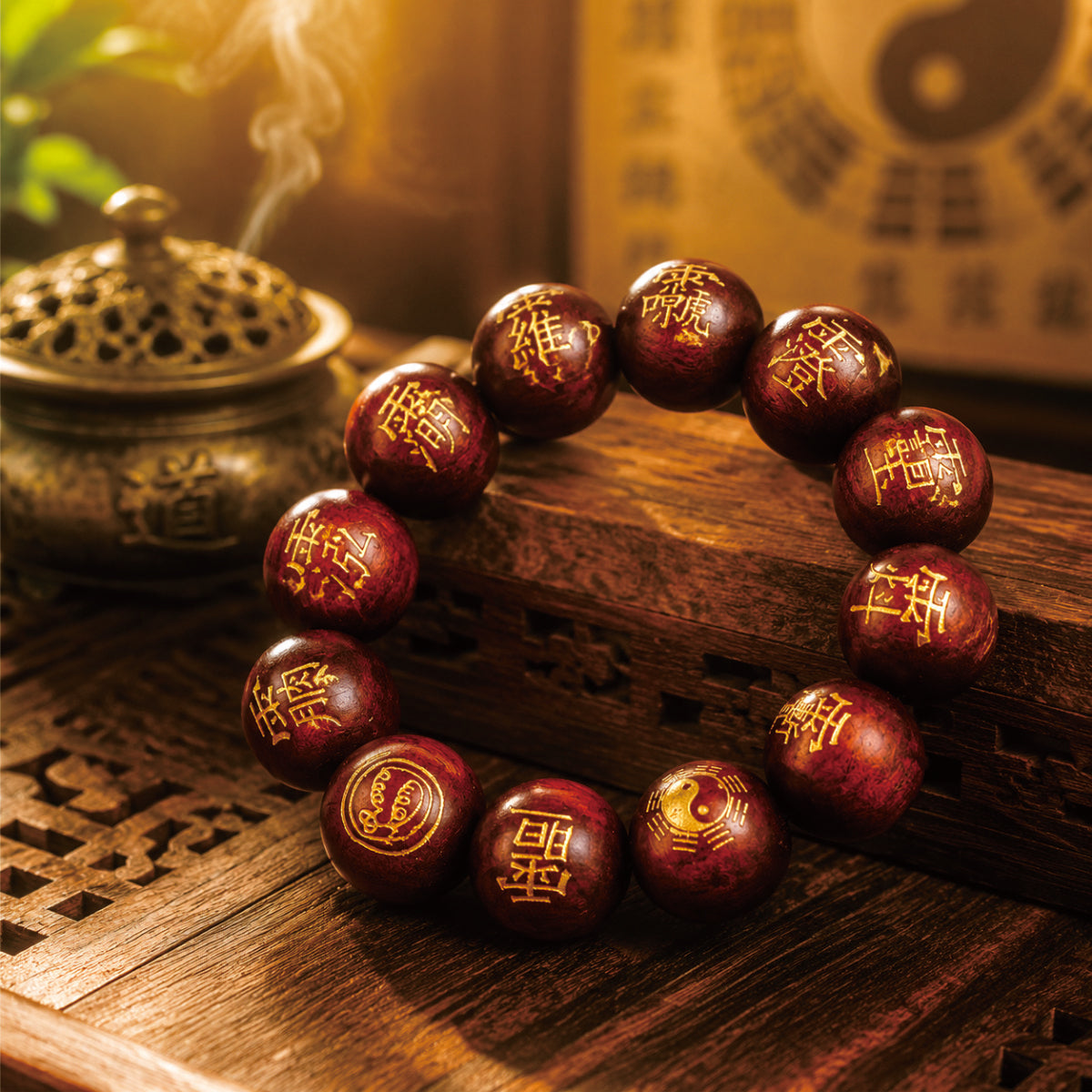 Thunderstruck jujube wood consecrated talisman bracelet on wooden stand with Taoist incense burner and yin-yang symbol
