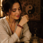 Woman wearing consecrated jujube wood bracelet for energy protection beside Taoist incense burner