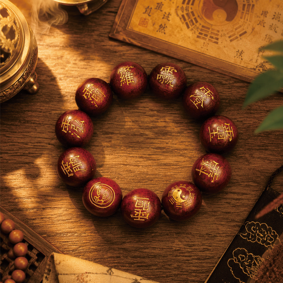 Thunderstruck jujube wood protection bracelet with gold-engraved Purple Star Emperor sigils, Taoist bagua book background