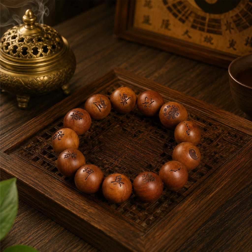 Thunderstruck jujube wood protection bracelet overhead view on dark bamboo tray with hand-engraved nine character mantra beads bronze incense burner rising smoke bagua board background Longhu Mountain KaiGuang energy shield