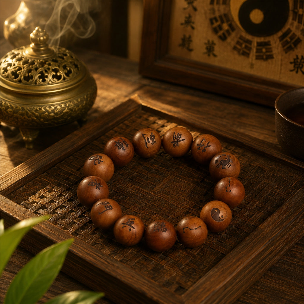 Thunderstruck jujube wood protection bracelet with hand-engraved nine character mantra and yin yang symbols laid flat on dark bamboo tray bronze incense burner smoke bagua board warm candlelight Taoist KaiGuang energy shield