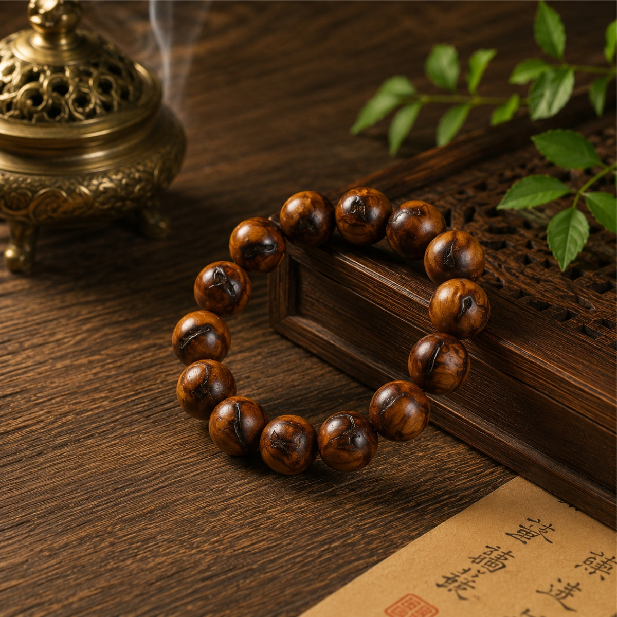 Thunderstruck jujube wood protection bracelet 14mm large round beads with natural lightning scorch marks laid on dark carved wooden tray bronze incense burner smoke green leaves Taoist talisman paper pure Yang energy ward off evil
