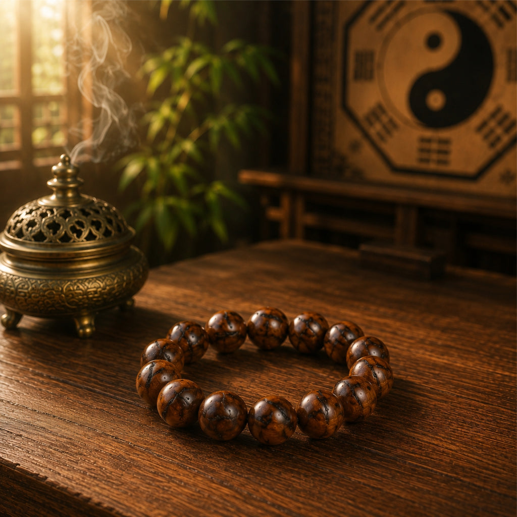 Thunderstruck jujube wood protection bracelet 14mm round beads on dark wooden table yin yang bagua wall plaque bronze incense burner smoke bamboo green leaves warm amber light 24/7 energetic shield ward off evil