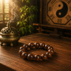 Thunderstruck jujube wood protection bracelet 14mm round beads on dark wooden table yin yang bagua wall plaque bronze incense burner smoke bamboo green leaves warm amber light 24/7 energetic shield ward off evil