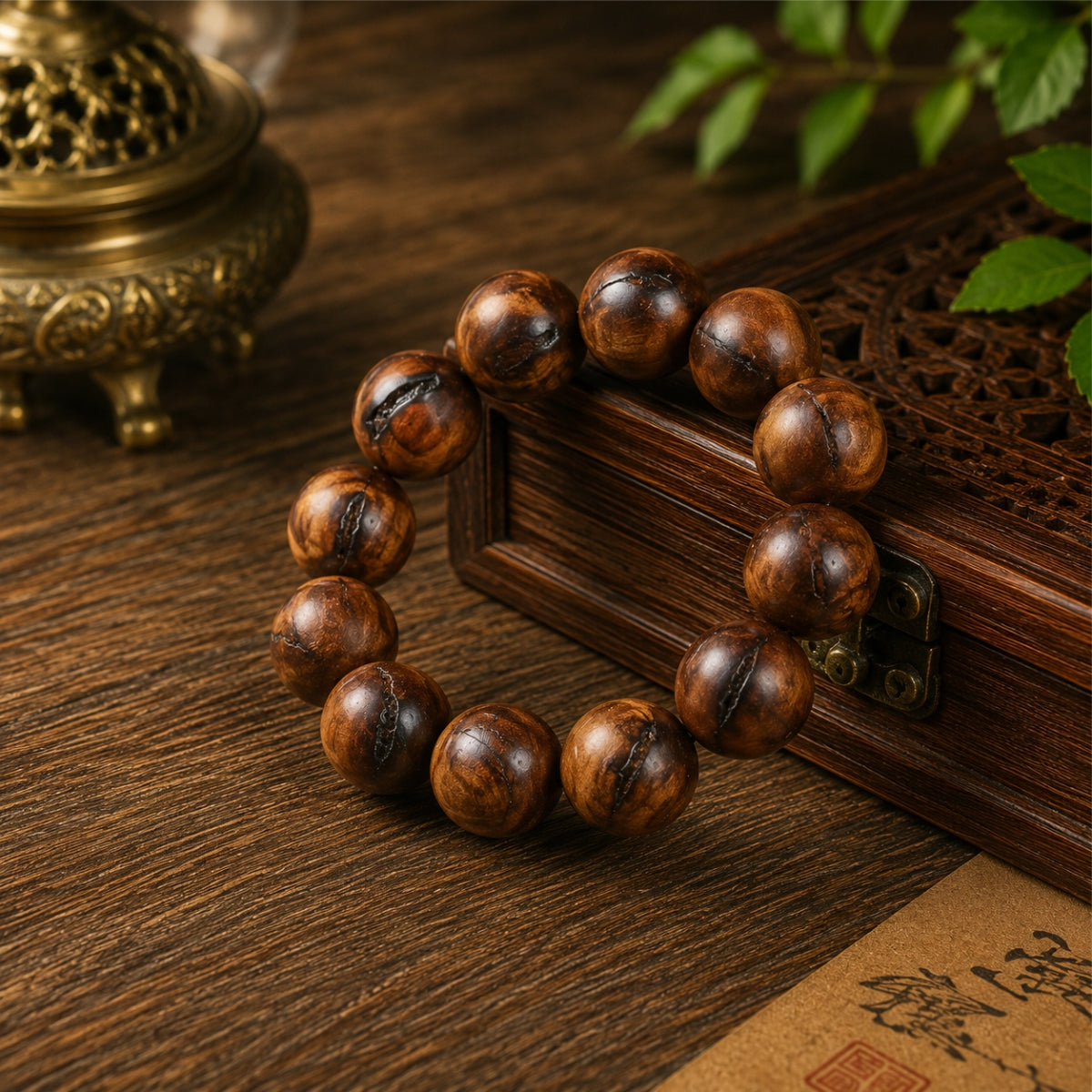 Thunderstruck jujube wood protection bracelet 14mm large round beads showing natural lightning scorch vein patterns on dark wooden table carved wooden box bronze incense burner green leaves Taoist talisman paper rare pure Yang artifact