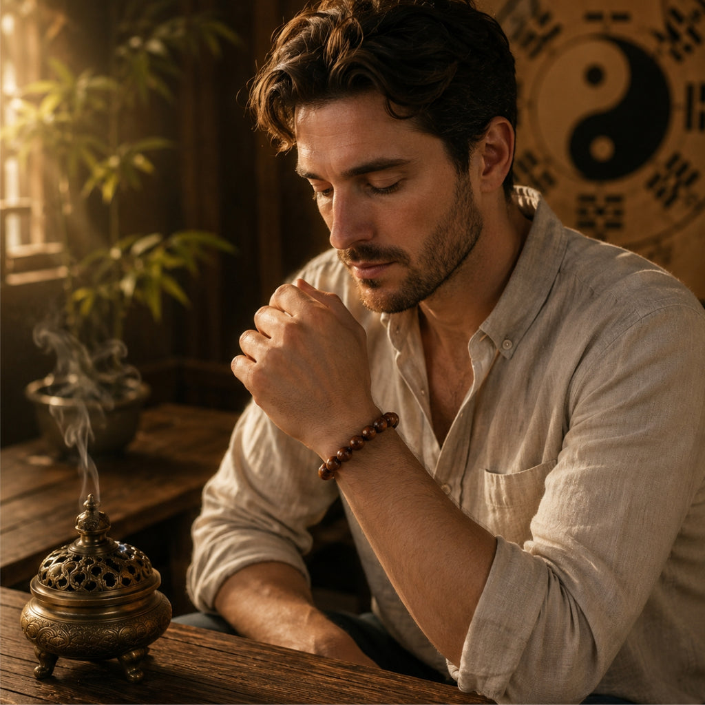 Man in linen shirt hands clasped in prayer wearing thunderstruck jujube wood protection bracelet on wrist yin yang bagua backdrop bronze incense burner rising smoke warm golden light spiritual protection pure Yang energy
