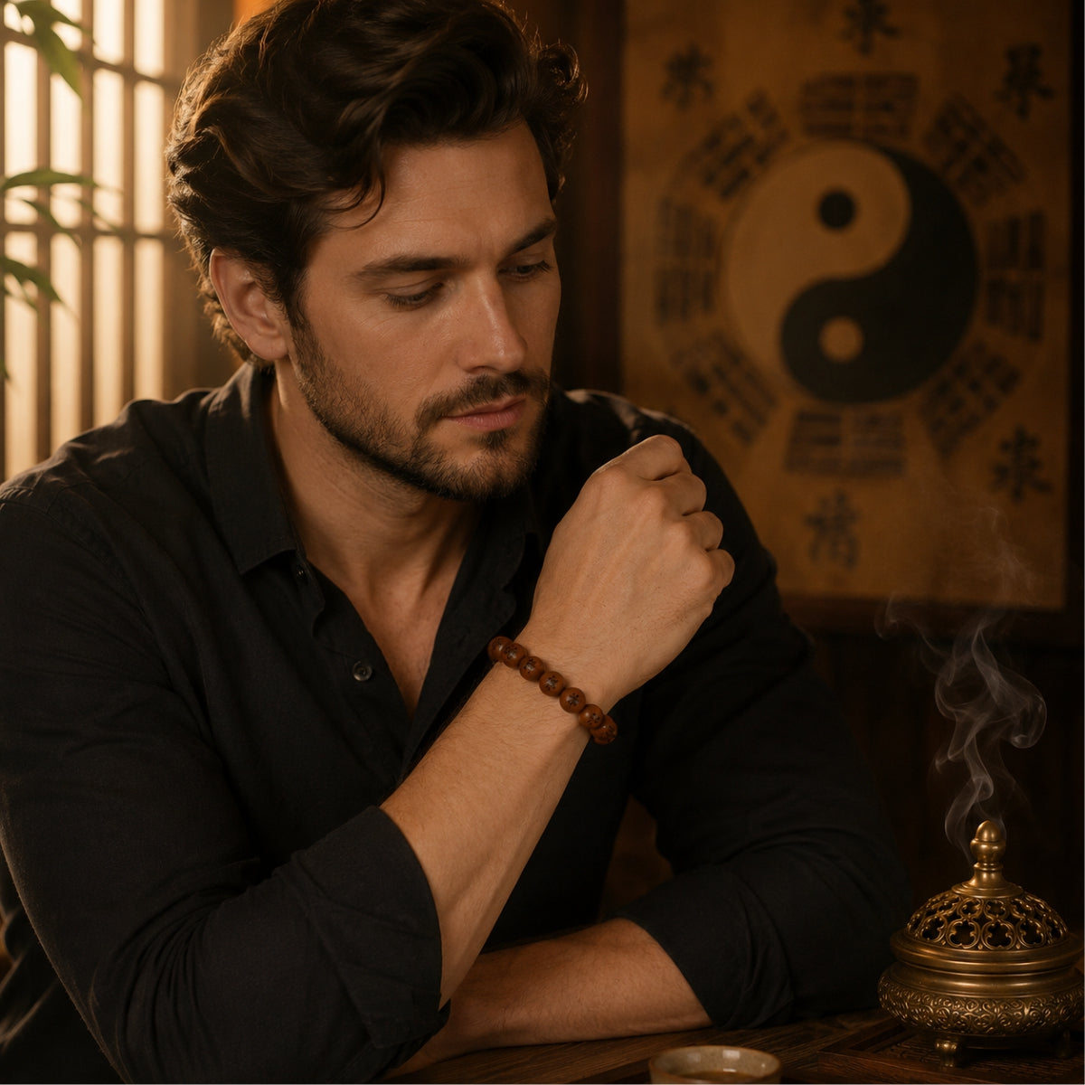 Man in black shirt wearing thunderstruck jujube wood protection bracelet on wrist yin yang bagua backdrop bronze incense burner smoke warm amber light spiritual protection energy shield negative energy block