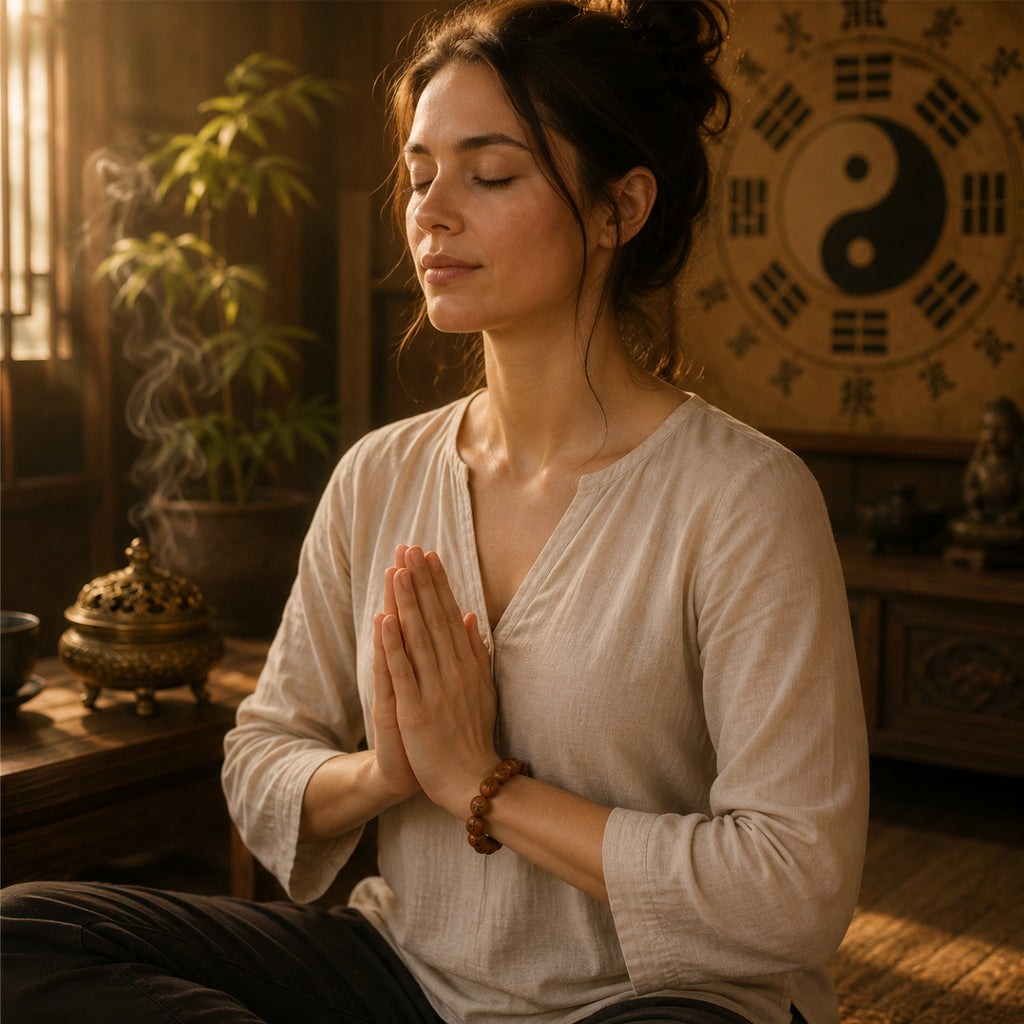 Woman in linen robe hands in prayer position wearing thunderstruck jujube wood protection bracelet eyes closed yin yang bagua wall backdrop bronze incense burner smoke warm golden light deep meditation mental clarity