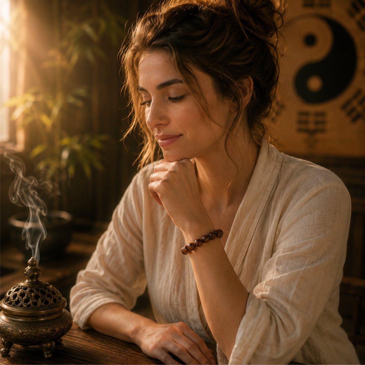 Woman in white linen robe eyes closed meditating wearing thunderstruck jujube wood protection bracelet on wrist yin yang bagua backdrop bronze incense burner rising smoke warm golden sunlight pure Yang energy fortune shift