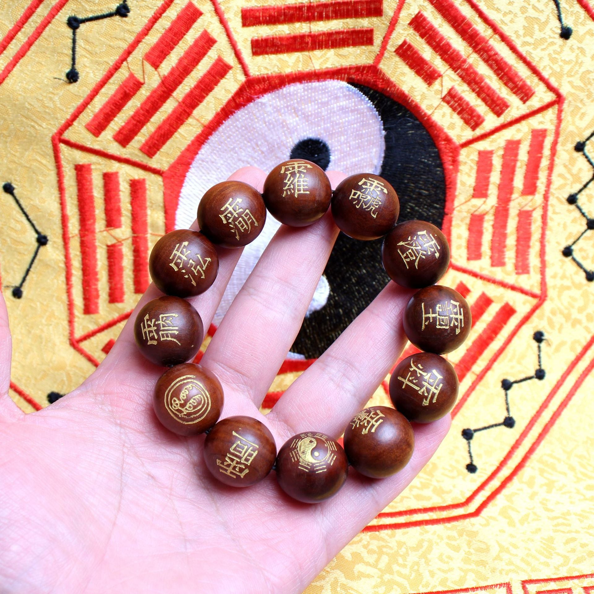 Side view of consecrated thunderstruck wood bracelet, a functional Taoist spiritual artifact for defense