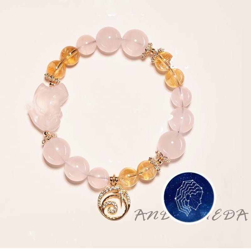 Virgo zodiac rose quartz and citrine crystal healing bracelet with gold swirl constellation charm Taoist KaiGuang love manifestation spiritual jewelry